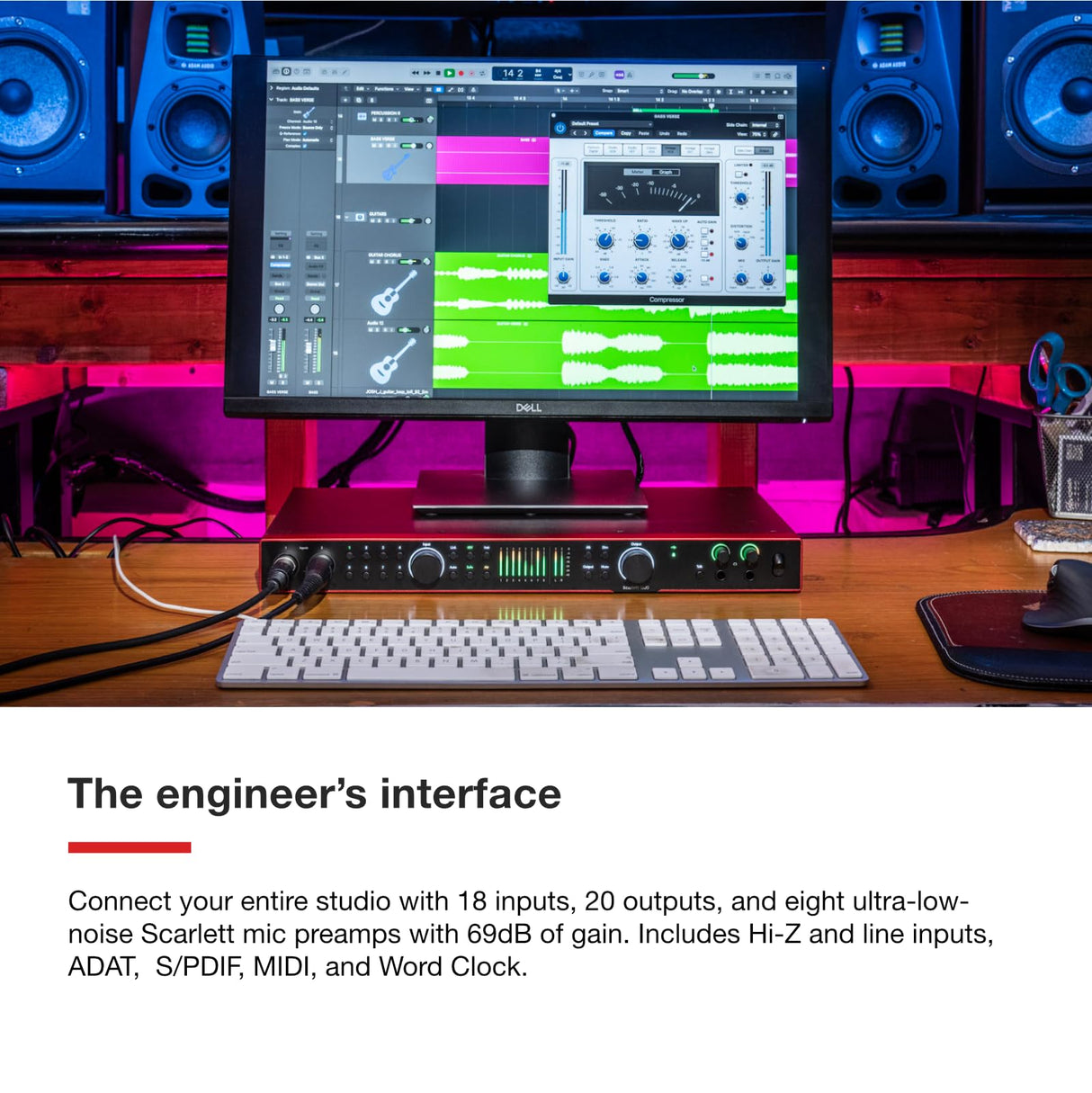 Focusrite Scarlett 18i20 interfaz de audio USB de 4.ª gen. para grabación multipista, producción y pódcast. Grabación con sonido de estudio y alta fidelidad, más todo el software que necesitas