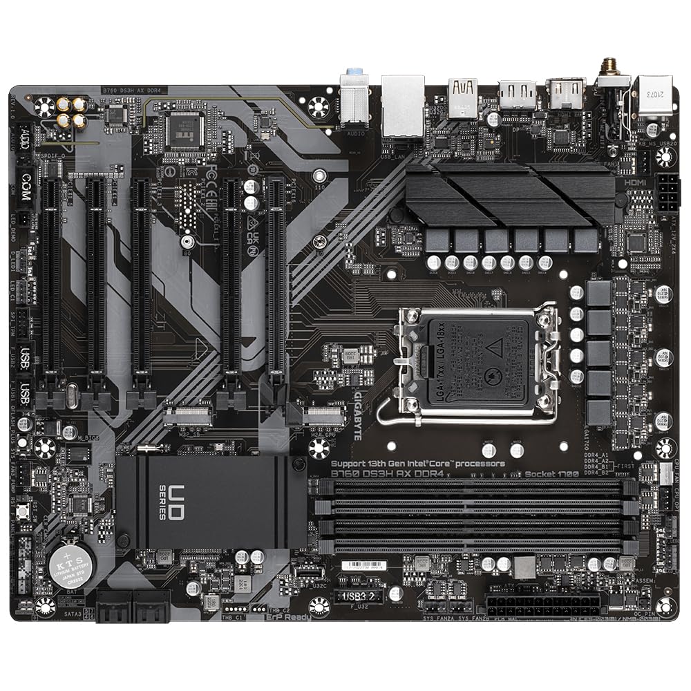 GIGABYTE B760 DS3H AX DDR4 Placa Base - Compatible con procesadores Intel Core de 14ª generación, VRM digital de 8+2+1 fases, hasta 5333MHz DDR4 (OC), 2x PCIe 4.0 M.2, Wi-Fi 6E, GbE LAN, USB 3.2 Gen 2