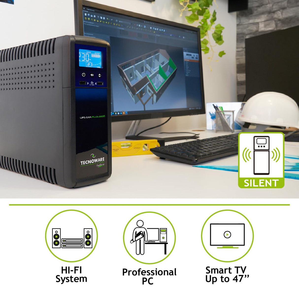 Tecnoware UPS EXA PLUS 2000, Sistema de Alimentación Ininterrumpida 2000VA, Protección contra apagón para Professional PC y Consola Gaming, AVR, USB, Autonomía 20min PC Gaming-50min Consola Gaming