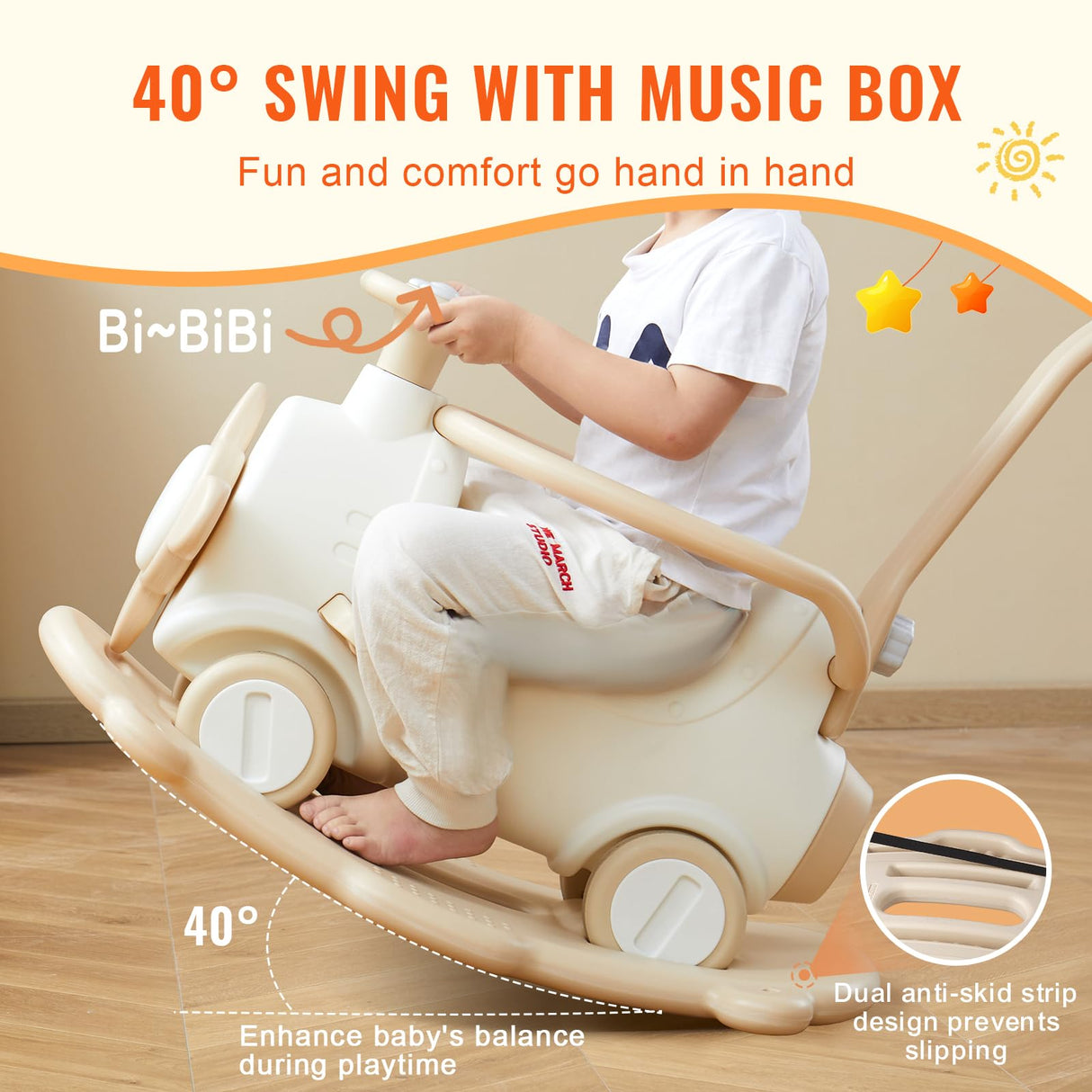 VEVOR Caballo Balancín 5 en 1 para Niños de 1 a 3 Años, Caballo Balancín para Bebé con Trampolín, Tabla de Equilibrio Desmontable, Manija de Empuje y 4 Ruedas Lisas, para Niños de 36 kg, Blanco