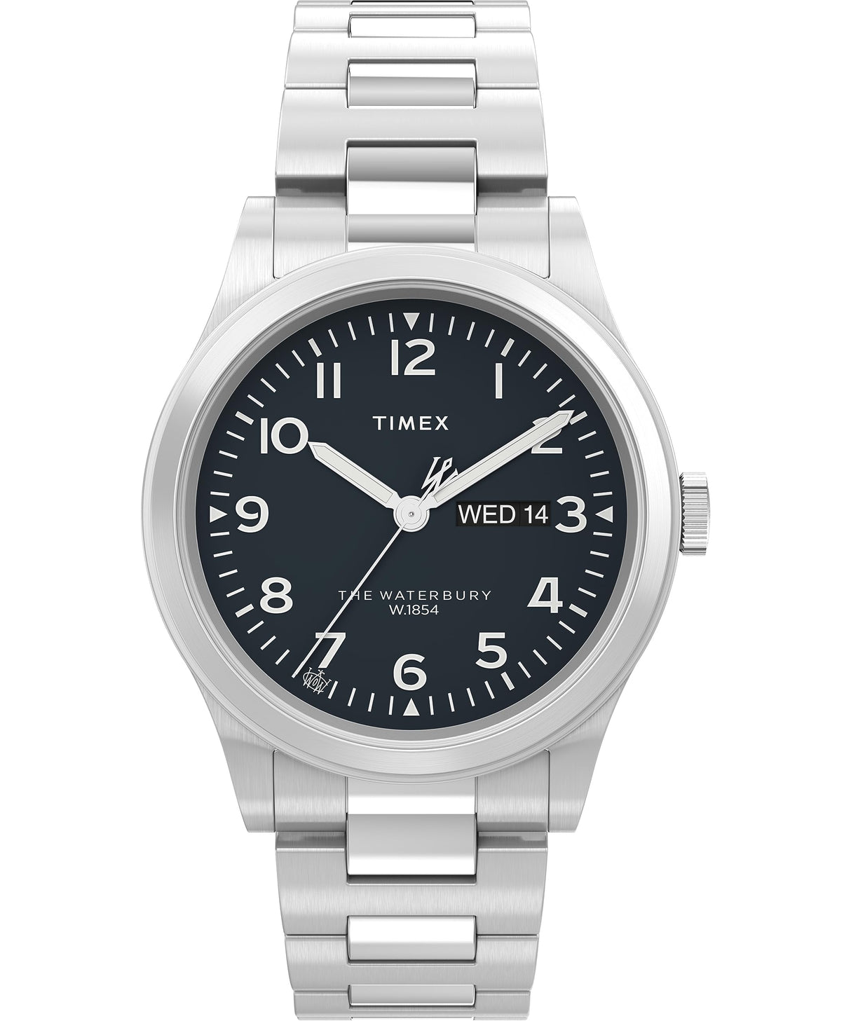 Timex Waterbury - Reloj de 39 mm para hombre, acero inoxidable, correa de acero inoxidable, esfera negra, caja de acero inoxidable TW2W14800