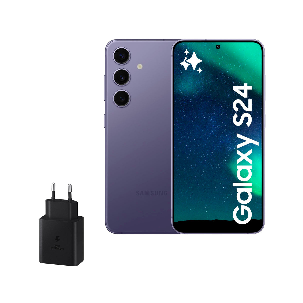 Samsung Galaxy S24 y Cargador 45W, Teléfono Móvil con IA, Smartphone Android, 8 GB RAM, 128 GB Almacenamiento, Cámara 50MP, Batería Larga Duración, Violeta Cobalt (Versión Española)