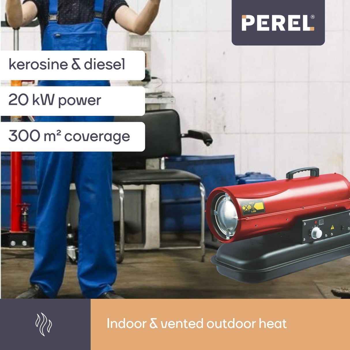 Perel Calefactor de aire forzado diesel portátil, calefactor de queroseno para interiores y exteriores, obras, talleres, garajes, calefactores industriales, bajo consumo de combustible, seguridad