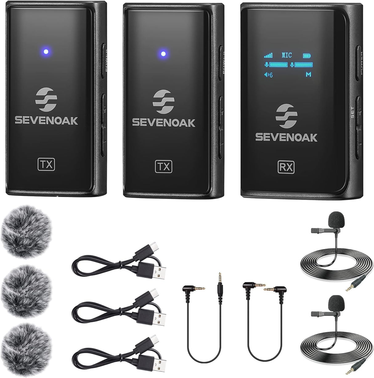 SevenOak Micrófono inalámbrico Lavalier con OLED, micrófono inalámbrico de Doble Solapa de 2,4 GHz con estéreo/Mono para teléfono con cámara iPhone Grabar Vlog Live Stream SKM-W4 K2 (2 TX+1 RX)