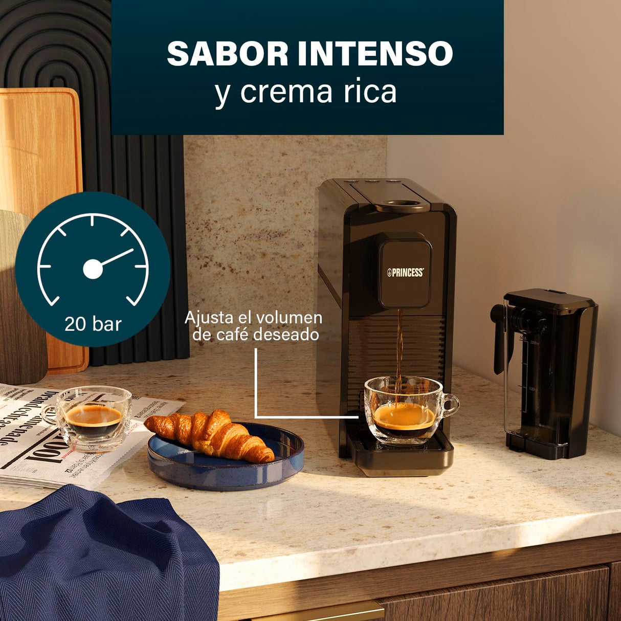 Princess Capsule and Latte Pro Cafetera de Cápsulas, Compatible Nespresso, Leche Automática, 20 Bares, 1400W, Libre de BPA, Partes Lavables, Apagado Automático, 01.249455.01.001
