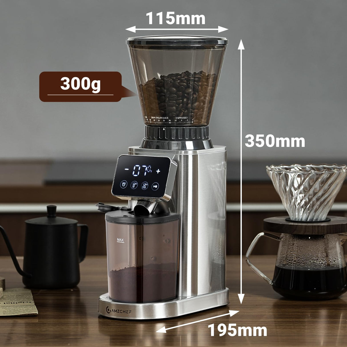 AMZCHEF Molinillo de Café Eléctrico con Soporte Desmontable y Contenedor | Panel Táctil LCD | 24 Regulable de Molido Molinillo de Café con Muelas para Espresso/Drip/Pour Over/Cold Brew/French Press