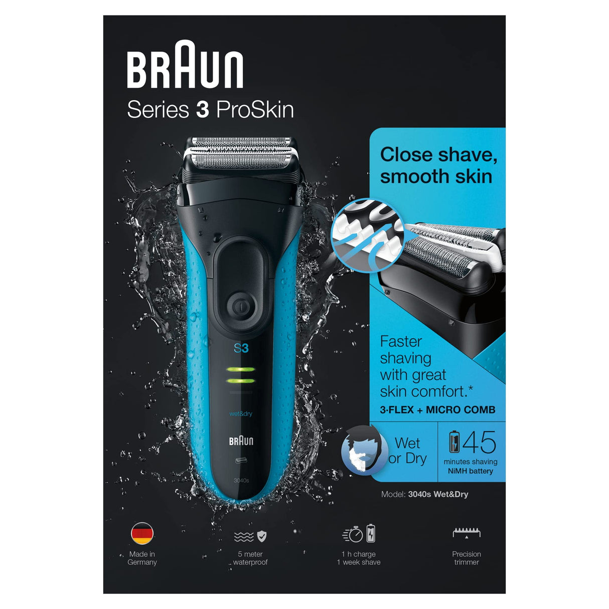 Braun Series 3 ProSkin 3040s - Afeitadora eléctrica/máquina de afeitar recargable Wet & Dry (de uso en húmedo y seco) color azul