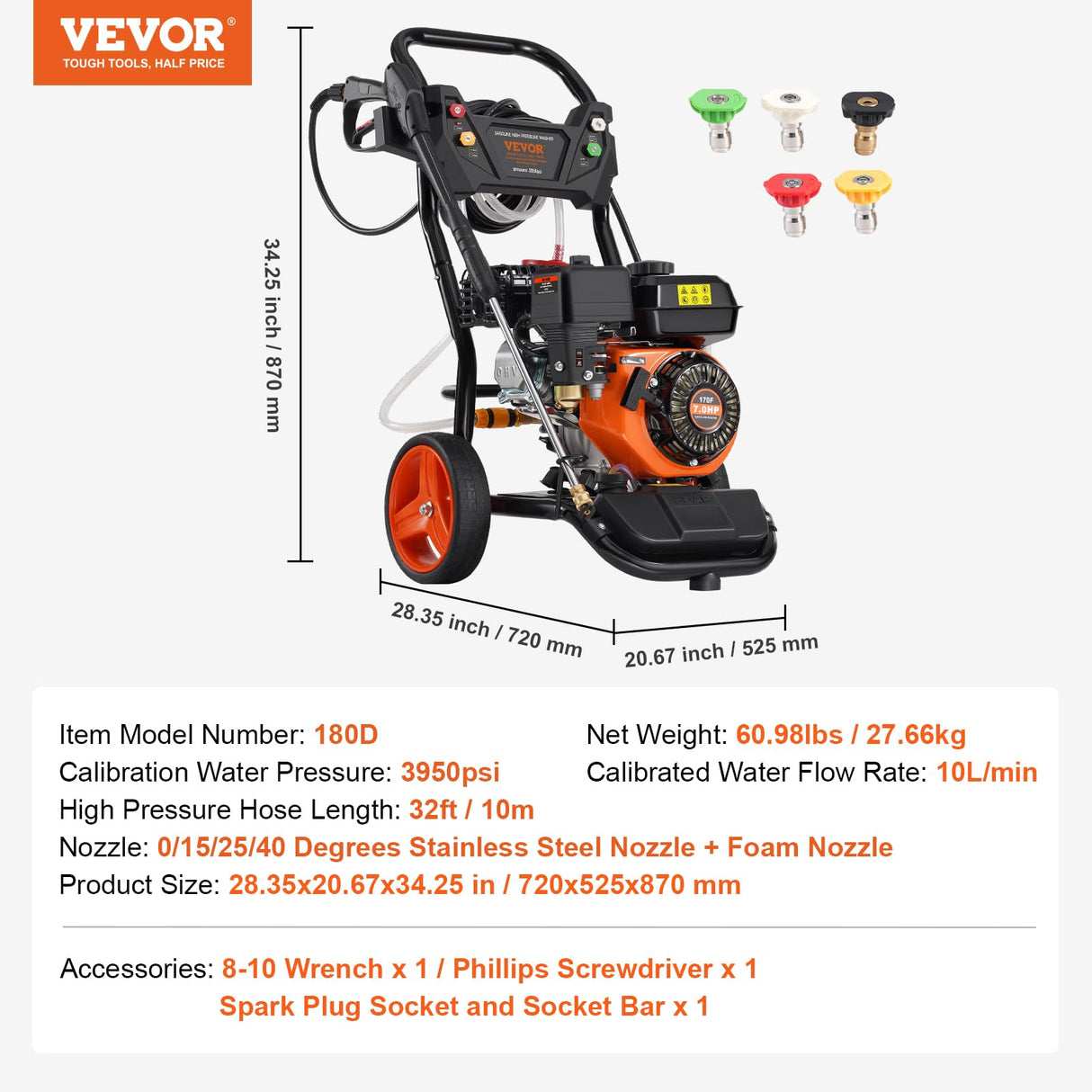 VEVOR Lavadora de Alta Presión a Gas Vertical 3950 PSI 2,6 GPM Limpiador de Alta Presión 10 L/min con Bomba de Cobre, Pistola Rociadora, Varilla de Extensión, 5 Boquillas para Casas, Vehículos