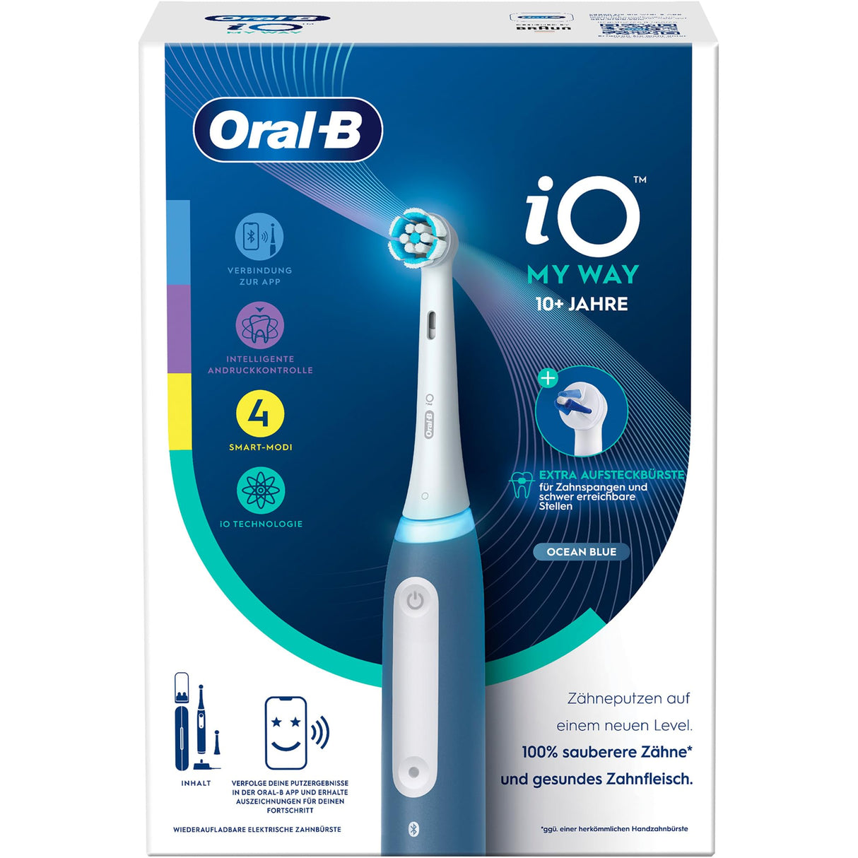 Oral-B iO My Way - Cepillo de dientes eléctrico a partir de 10 años, 4 modos de cepillado para el cuidado dental, cabezal extra para aparatos ortopédicos, 1 estuche de viaje, diseñado por Braun, azul