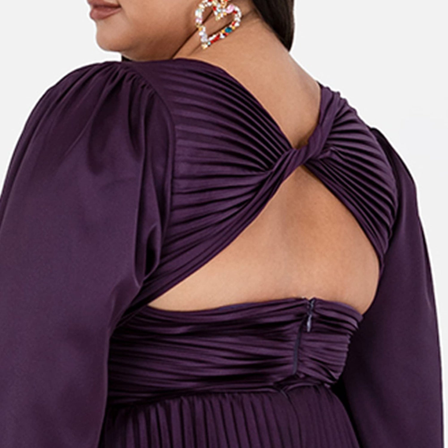 Lovedrobe Pleated Midaxi Dress Ladies Evening Gown V Neckline Back Keyhole Long Sleeve Bishop Satin A Line Vestido, Purple, 22 para Mujer