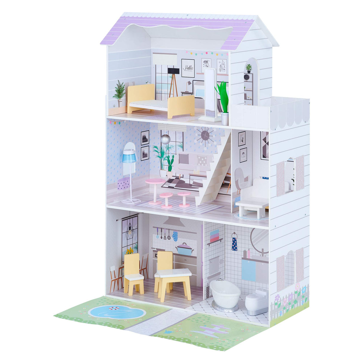 Olivia's Little World Grande Casa de Muñecas de Madera con 3 Niveles con Jardín para Niños y 16 Accesorios y Muebles para Muñecas de 30 cm