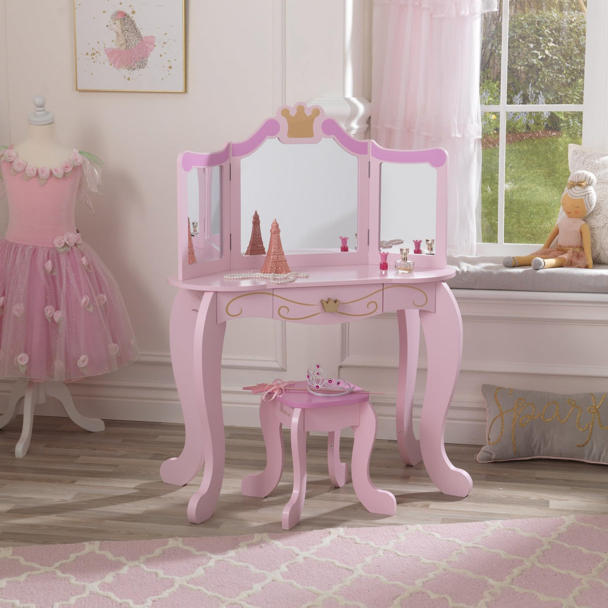 KidKraft Juego de tocador de Maquillaje Infantil Princesa con Espejo y Taburete de Madera, Muebles para Salas de Juego y Dormitorio de niños (76123)