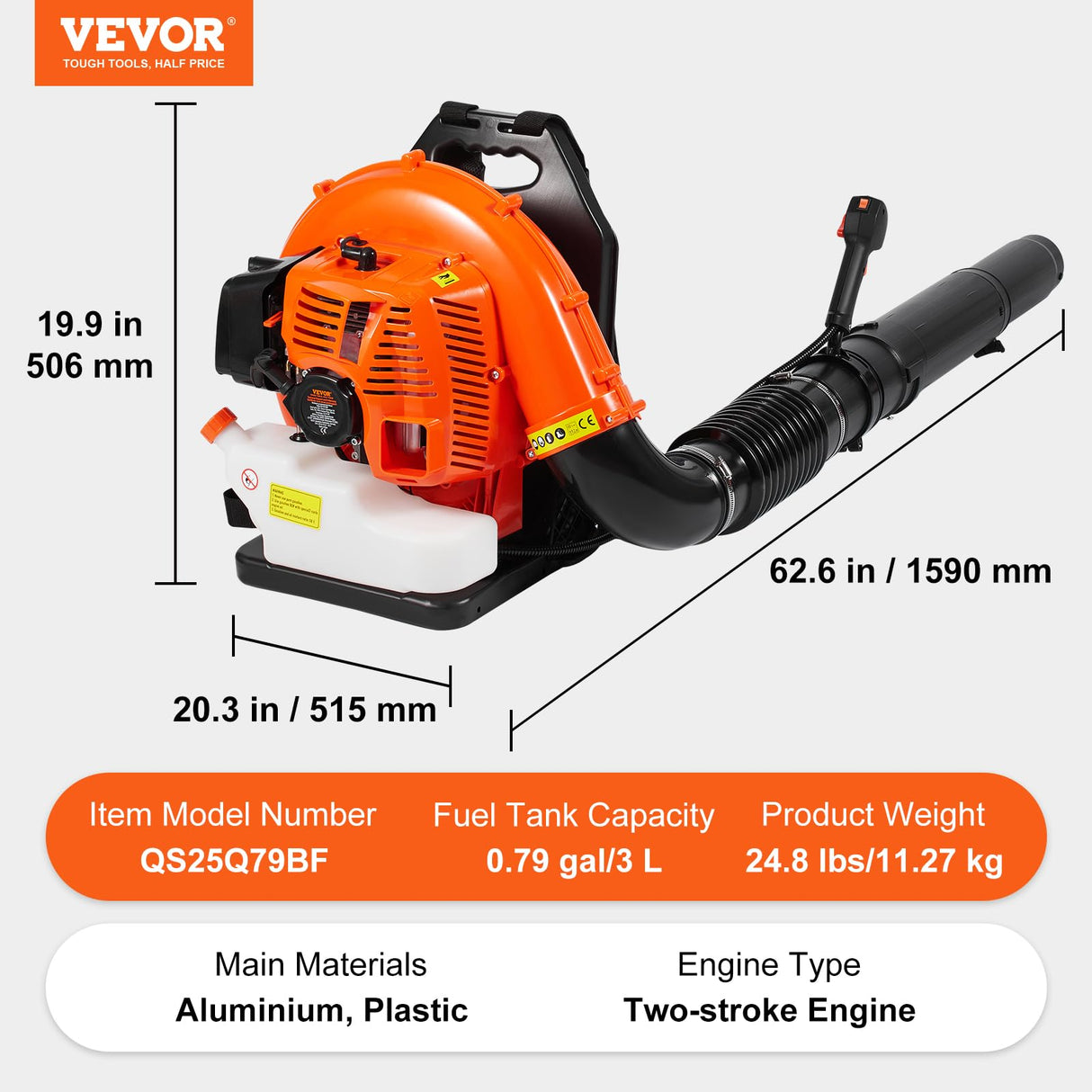 VEVOR Soplador de Hojas de Gas 79 CC Soplador de Nieve de Mochila 2 Tiempos con Tanque de Combustible 3 L Volumen de Aire de 930 CFM para Cuidado del Césped, Limpieza de Hojas, Eliminación de Nieve