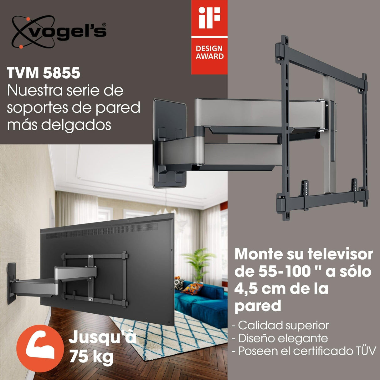 Vogel's Elite TVM 5855 Ultra Fuerte Soporte TV Giratorio para TV Grandes y Pesados de hasta 100 Pulgadas y con un Peso máx. de 75 kg, Gira hasta 180°, Máx. VESA 600x400, Compatibilidad Universal