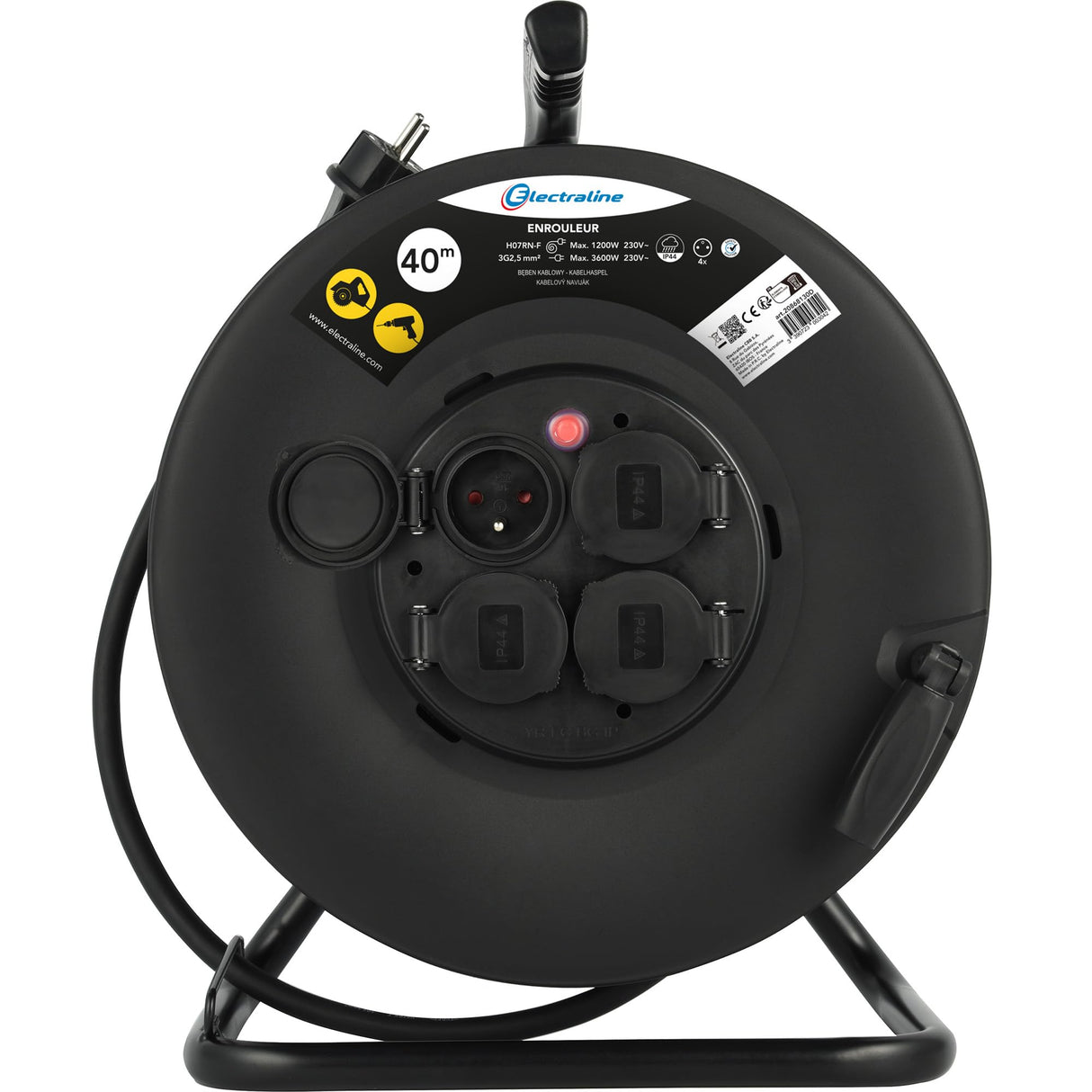 Electraline 20868130D - Cable alargador eléctrico IP44 profesional con bobinador de 40 m, cable de goma H07RN-F 3G2,5 mm², 4 enchufes 16A