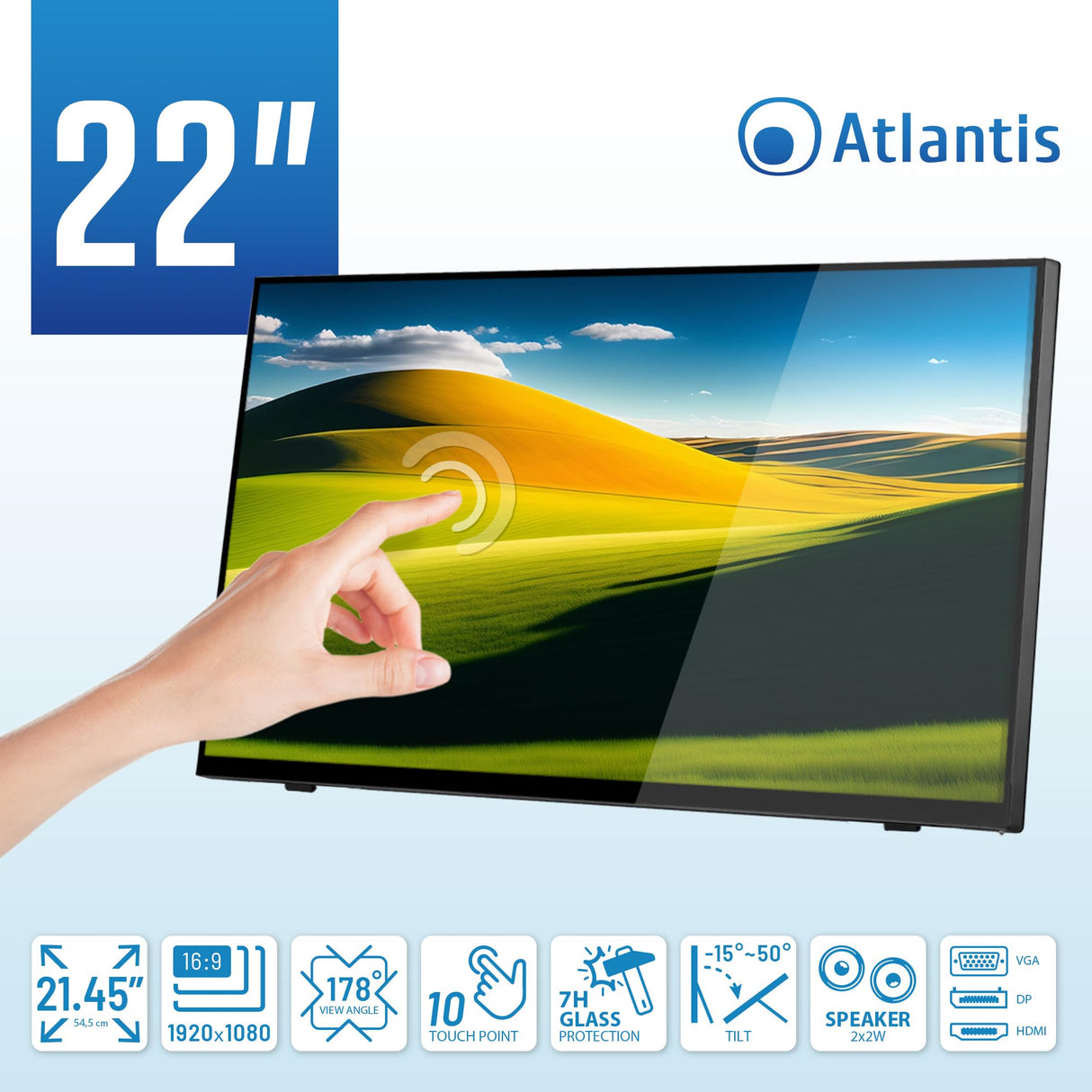 Atlantis A05-T22A-VHDM Monitor Táctil 22 Pulgadas, Pantalla 10 Teclas, Full HD 1920x1080, HDMI VGA DP, Inclinación 15°-50°, Cristal de Protección 7H, Contraste 1000:1, Ángulo 178/178, Vesa 100