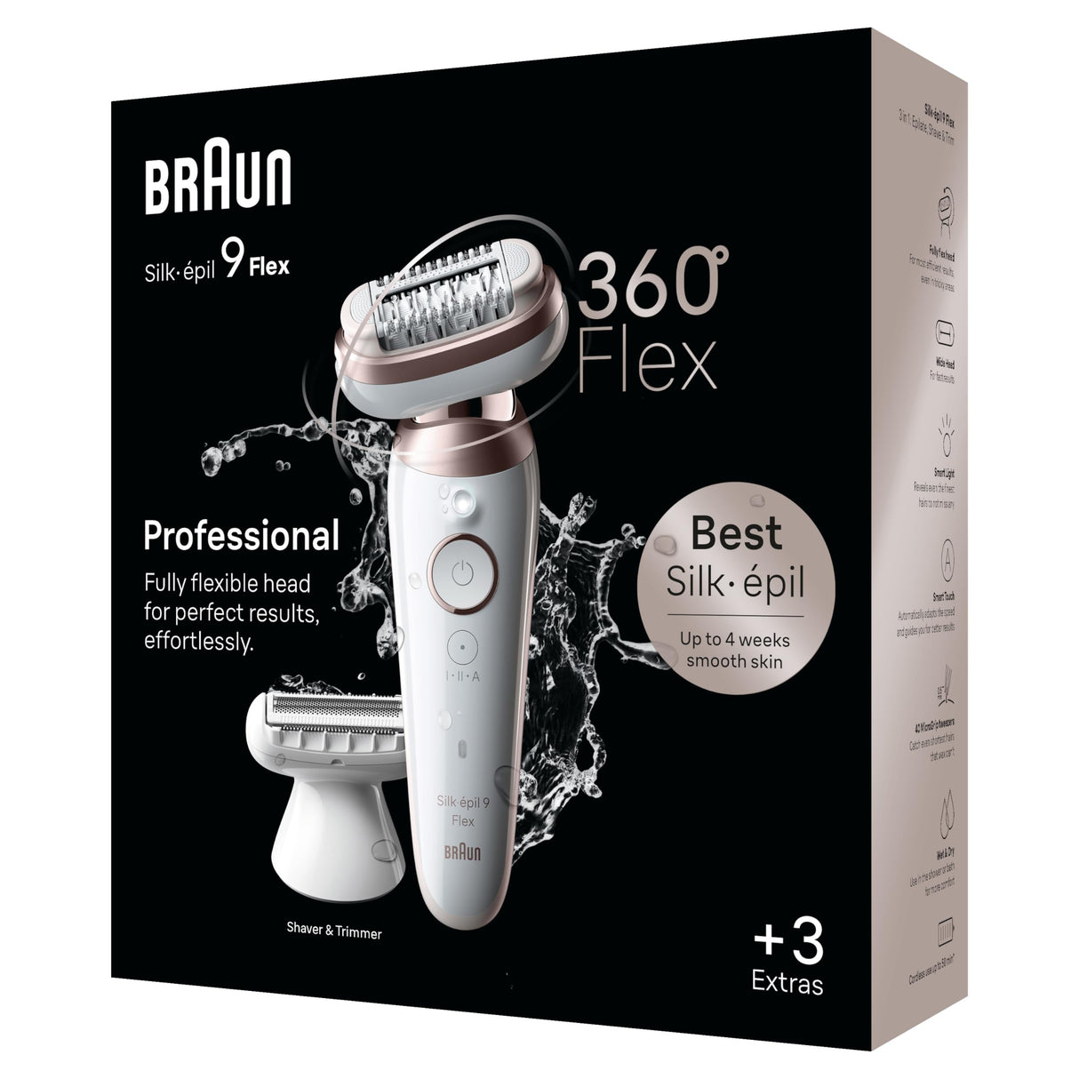 Braun Silk-épil 9 Flex Depiladora Mujer Depiladora Eléctrica Mujer con Cabezal Flexible 360° Para Depilación Simple, Wet & Dry, Piel Lisa Larga Dura, 9-030 3D, Blanco/Rosa