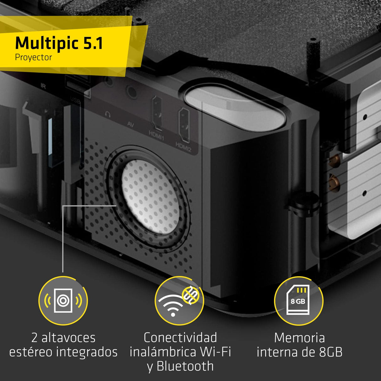 OVERMAX Proyector LED de 80 W con Pantalla de Espejo, Full HD 1080p hasta 200 Pulgadas, Altavoz Integrado, Sistema Android 9.0, duración de la lámpara: 50.000 Horas, Wi-Fi, Bluetooth, 2 HDMI, 2 USB,
