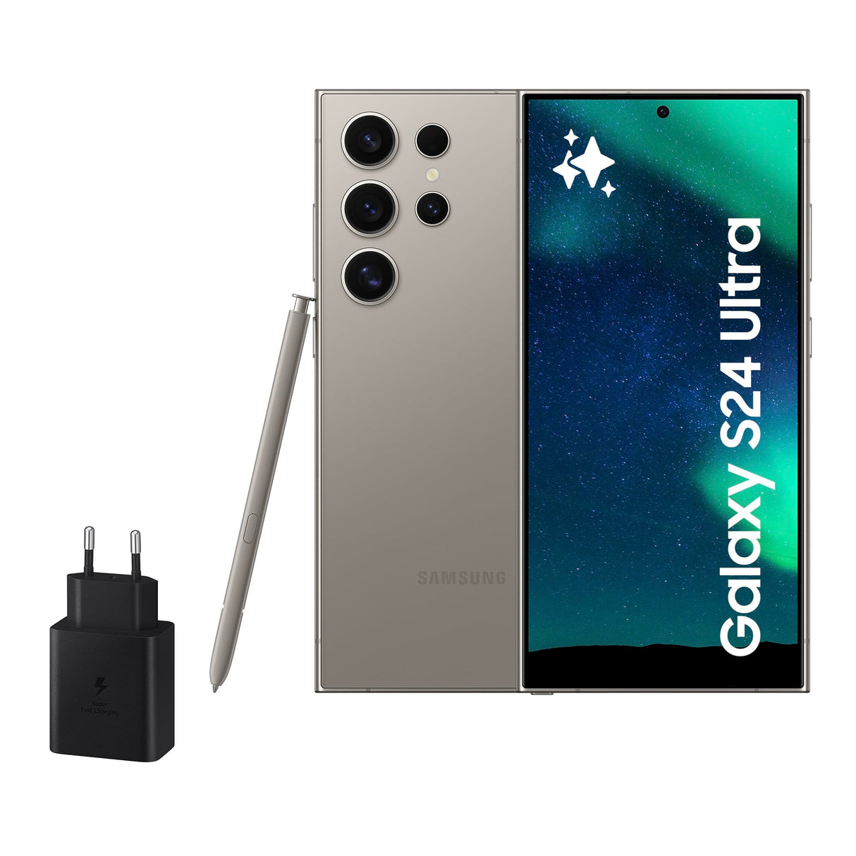 Samsung Galaxy S24 Ultra y Cargador 45W, Teléfono Móvil con IA, Smartphone Android, 12 GB RAM, 256 GB Almacenamiento, Cámara 200MP, S Pen, Batería Larga Duración, Gris Titanium (Versión Española)
