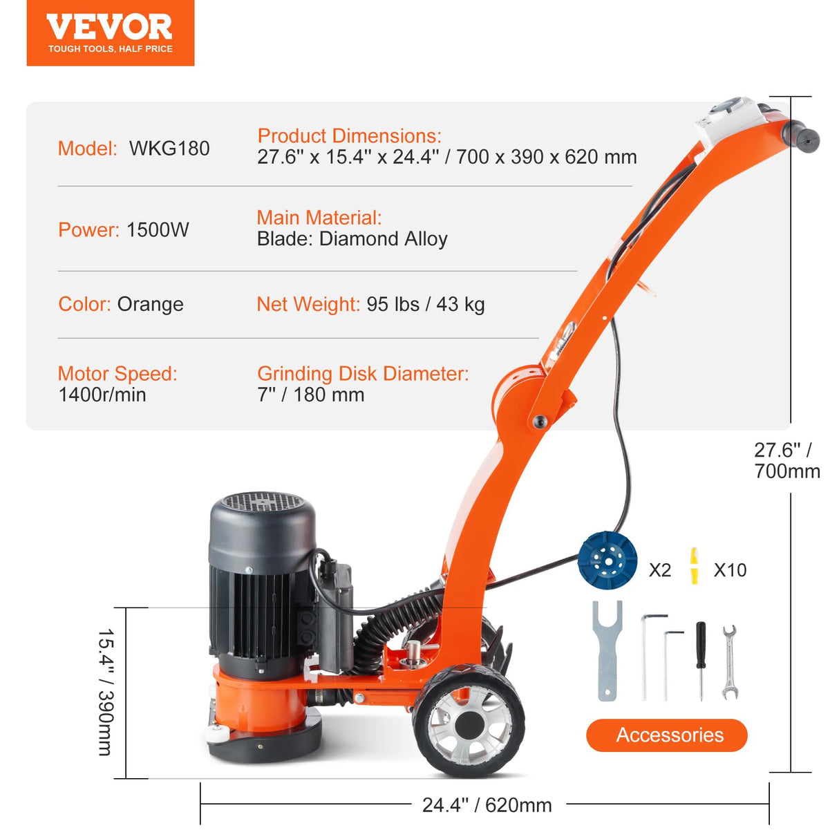 VEVOR Amoladora Eléctrica para Pisos de Concreto 1500W Reparadora de Concreto con Disco de Lijado para Pisos 180 mm 1400 RPM Motor sin Escobillas Amoladora de Superficies para Granito, Mármol, Piedras