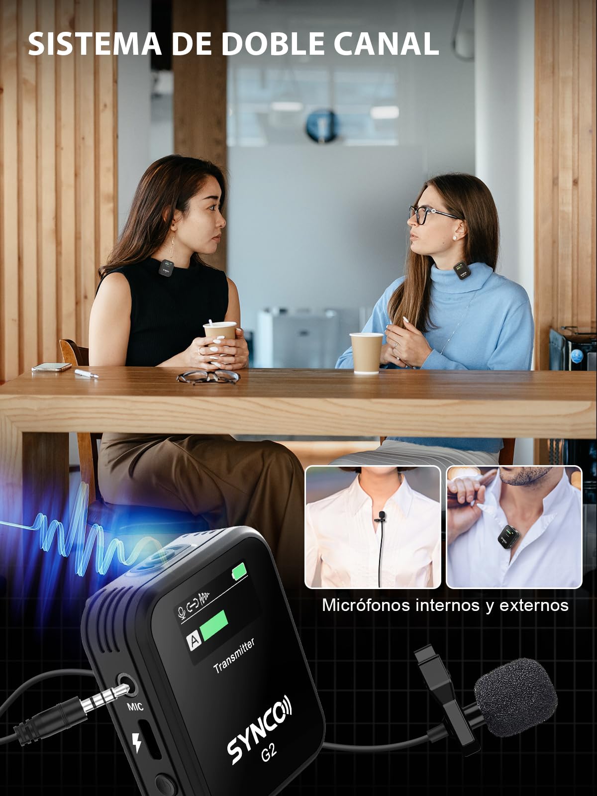 SYNCO Micrófono Lavalier inalámbrico, G2 (A2) 2.4GHz Clip en Solapa con Sistema de micrófono para Smartphone Cámara DSLR, Microfonos Inalambricos Solapa