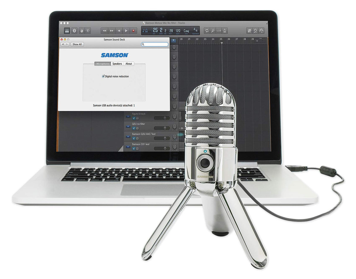 SAMSON Meteor Mic - Portable USB Studio Quality Condenser Microphone - High Performance, General Purpose/Podcast/Gaming/Music Recording Microphone, 16-bit, 44.1/48kHz Resolution, Silver Chrome