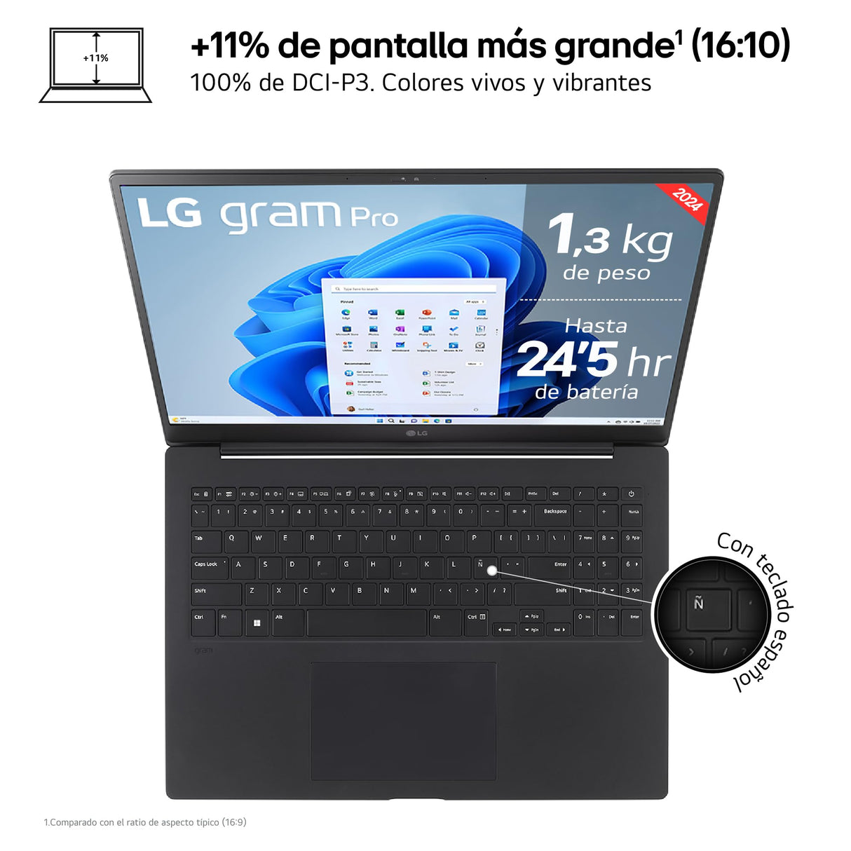 LG gram Pro 16Z90SP-A.AD88B - Portátil Ultraligero de 40.6 cm (16"), OLED, Intel Core Ultra 7, 32 GB RAM, 1TB SSD, batería hasta 24.5 h, 1,2kg, NVIDIA RTX3050, W11 Home, Negro, Teclado QWERTY Español