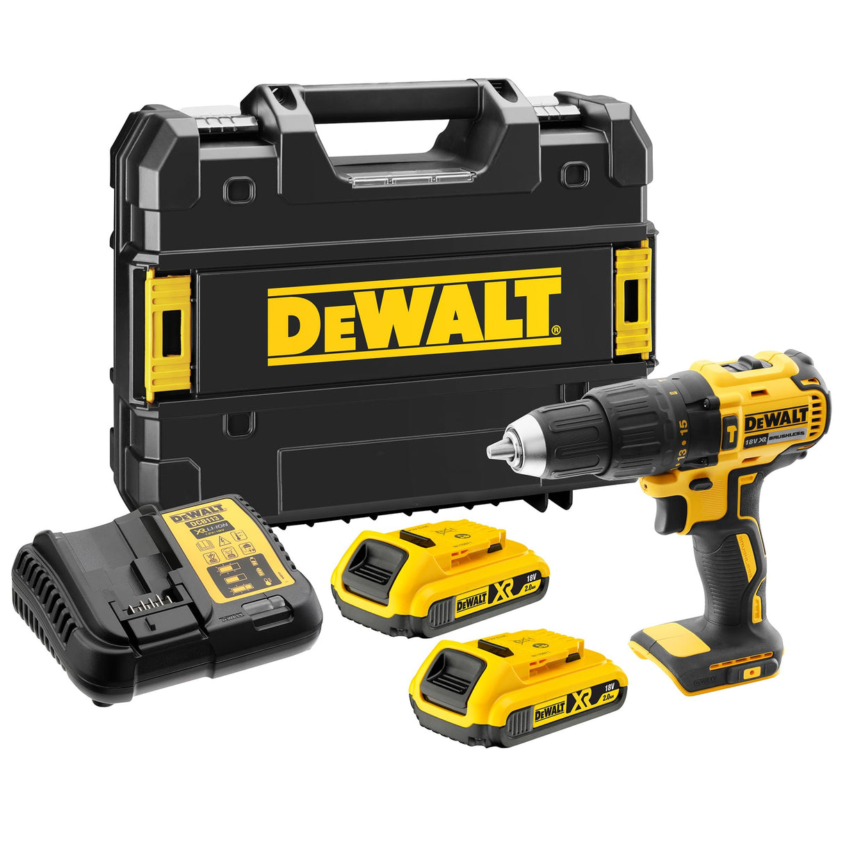 DEWALT XR 18V Brushless Taladro Atornillador Percutor Compacto a Batería, con 2 Baterías XR Li-Ion 2Ah, Cargador, Maletín, Alto Par, Luz LED, Rendimiento Versátil - DCD778D2T-QW