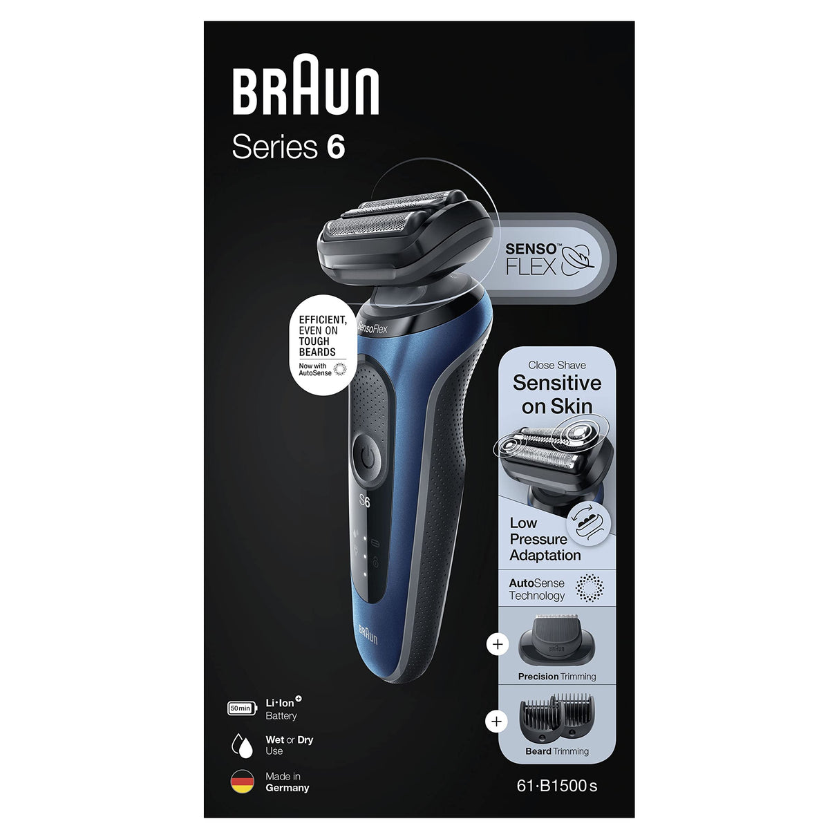 Braun Series 6 61-B1500s - Afeitadora eléctrica para hombre, con accesorio EasyClick, afeitadora eléctrica y recortadora de barba, SensoFlex, Wet&Dry, recargable e inalámbrica