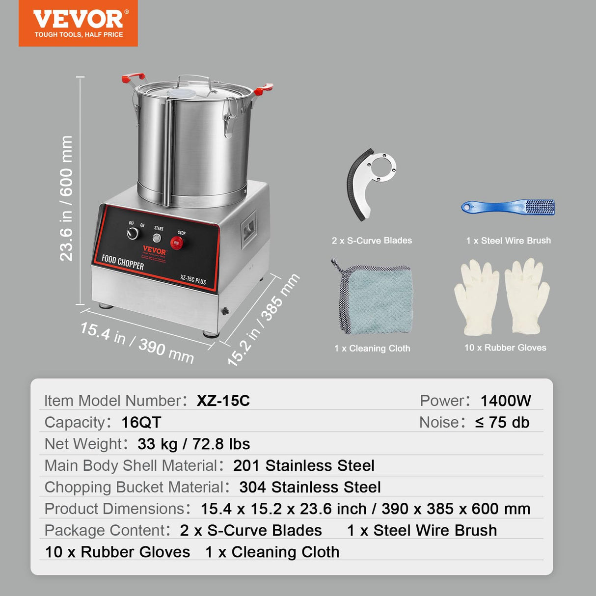 VEVOR Mezclador de Cocina Multifunción 1400 W Capacidad de 15 L Picadora Eléctrica de Acero Inoxidable Procesador de Alimentos para Verduras Frutas Preparación Culinaria Restaurante Hotel Cocina