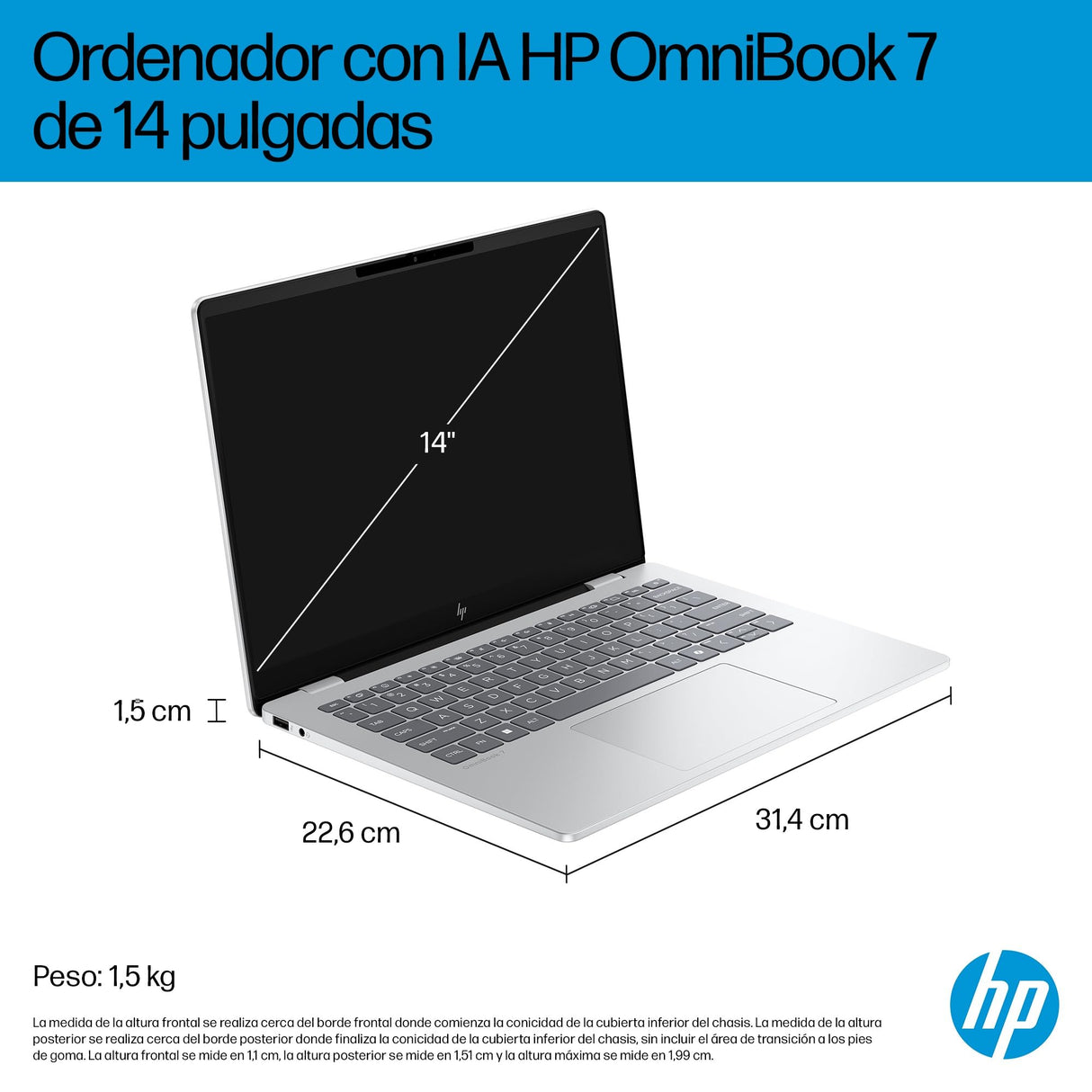 HP OmniBook 7 AI 14" OLED 2K, Ordenador Portátil Intel Core Ultra 7-255H, 32GB RAM, 1TB SSD, Gráficos Intel, Windows 11 Home, Wi-Fi 7, Gris - Teclado QWERTY Español