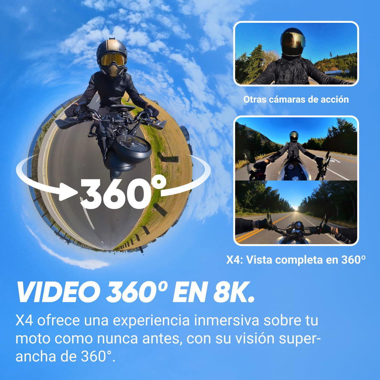 Insta360 X4 Paquete de Manillar Motero - Cámara de acción Impermeable 8K 360, Vídeo 4K Gran Angular, Efecto Selfie Stick Invisible, Protectores de Lente Extraíbles, 135 Min Batería, Edición IA