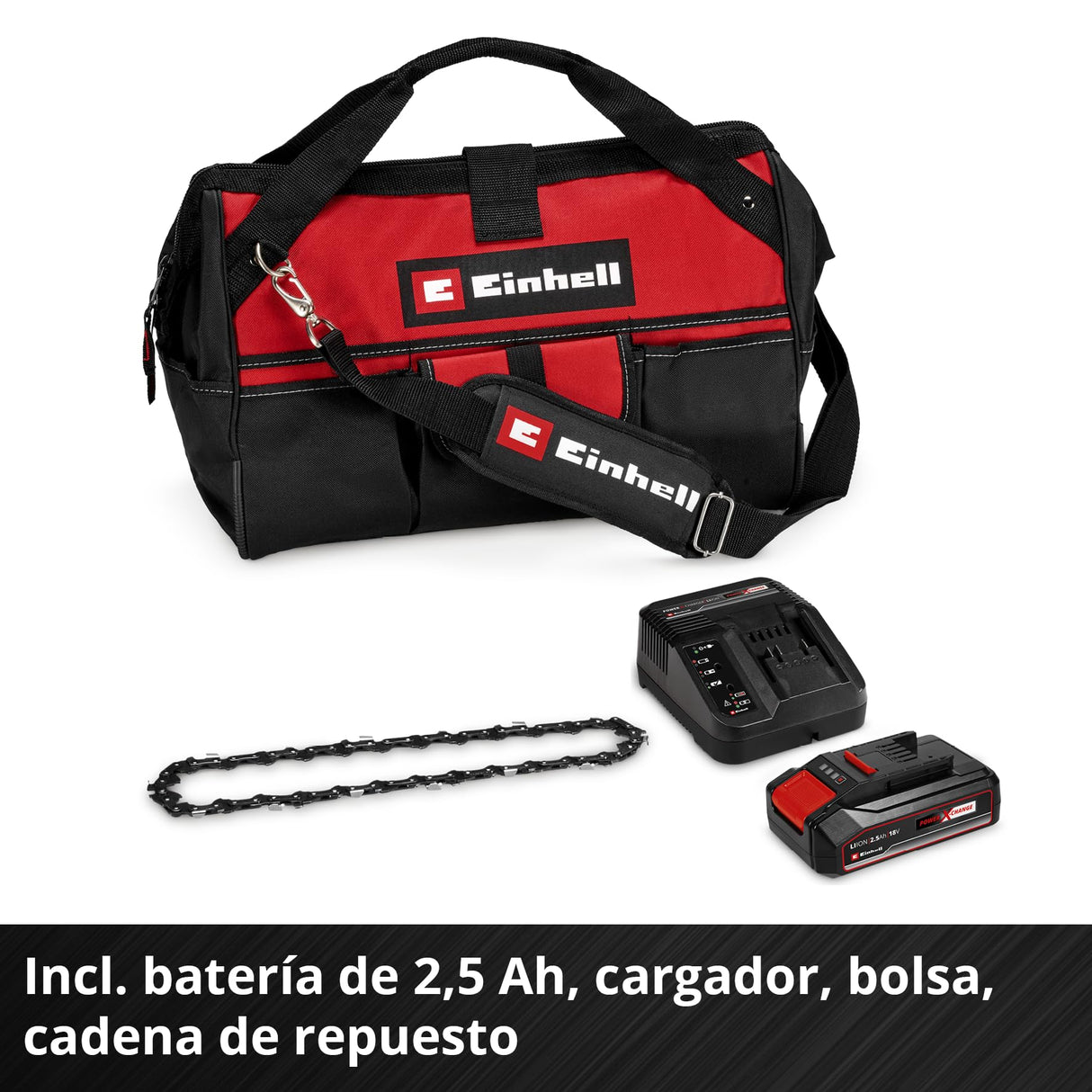 Motosierra para ramas con batería GE-PS 18/15 Li Bag Kit Power X-Change de Einhell (18 V, Brushless, longitud de corte 12,5 cm, incl. batería 2,5 Ah, cargador, cadena de repuesto, bolsa Einhell 45/29)