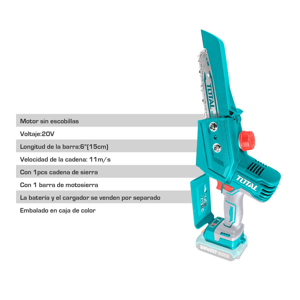 TOTAL - Sierra Mini de Cadena a Batería P20S de 20 V - Motor Brushless - Inalámbrica - Herramienta para Cortar Madera - Para Jardinería - Incluye Espada y Cadena