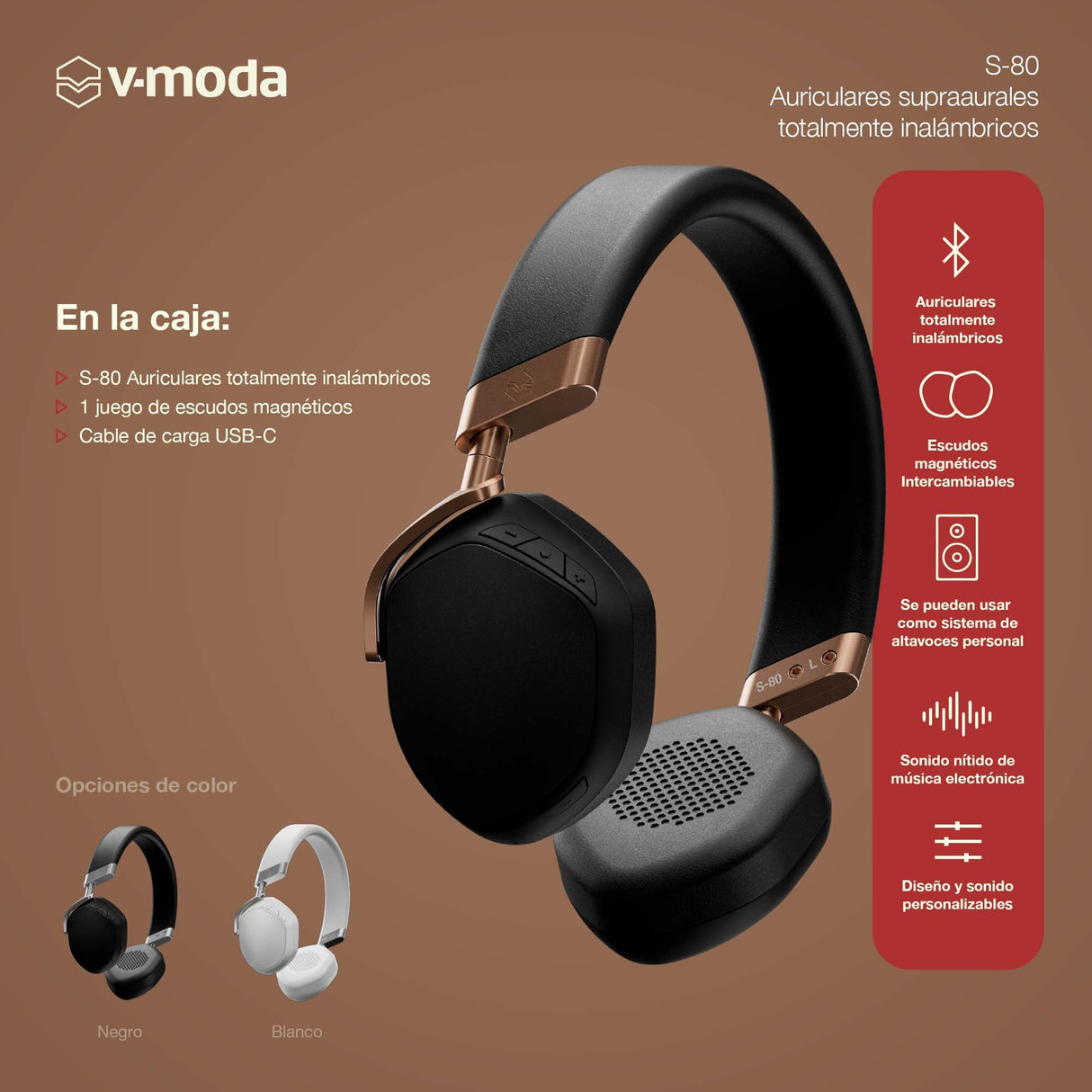 V-MODA S-80 | Auriculares supraaurales Totalmente inalámbricos | Sistema de Altavoces Personal | Diseño Elegante |Sonido Potente, Ajustado para la música electrónica | App de edición móvil | Oro Rosa