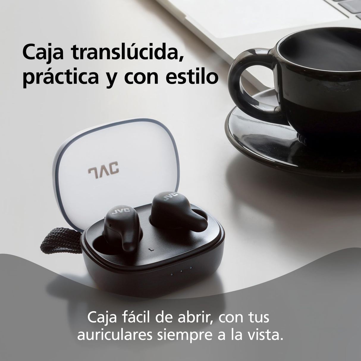 JVC Gumy Premium Auriculares Bluetooth True Wireless con Cancelación de Ruido, Bluetooth 5.4, Modo Ambiente, Baja Latencia, 26h batería, Estuche Translúcido USB-C, Negro Oliva - HA-A23T-B