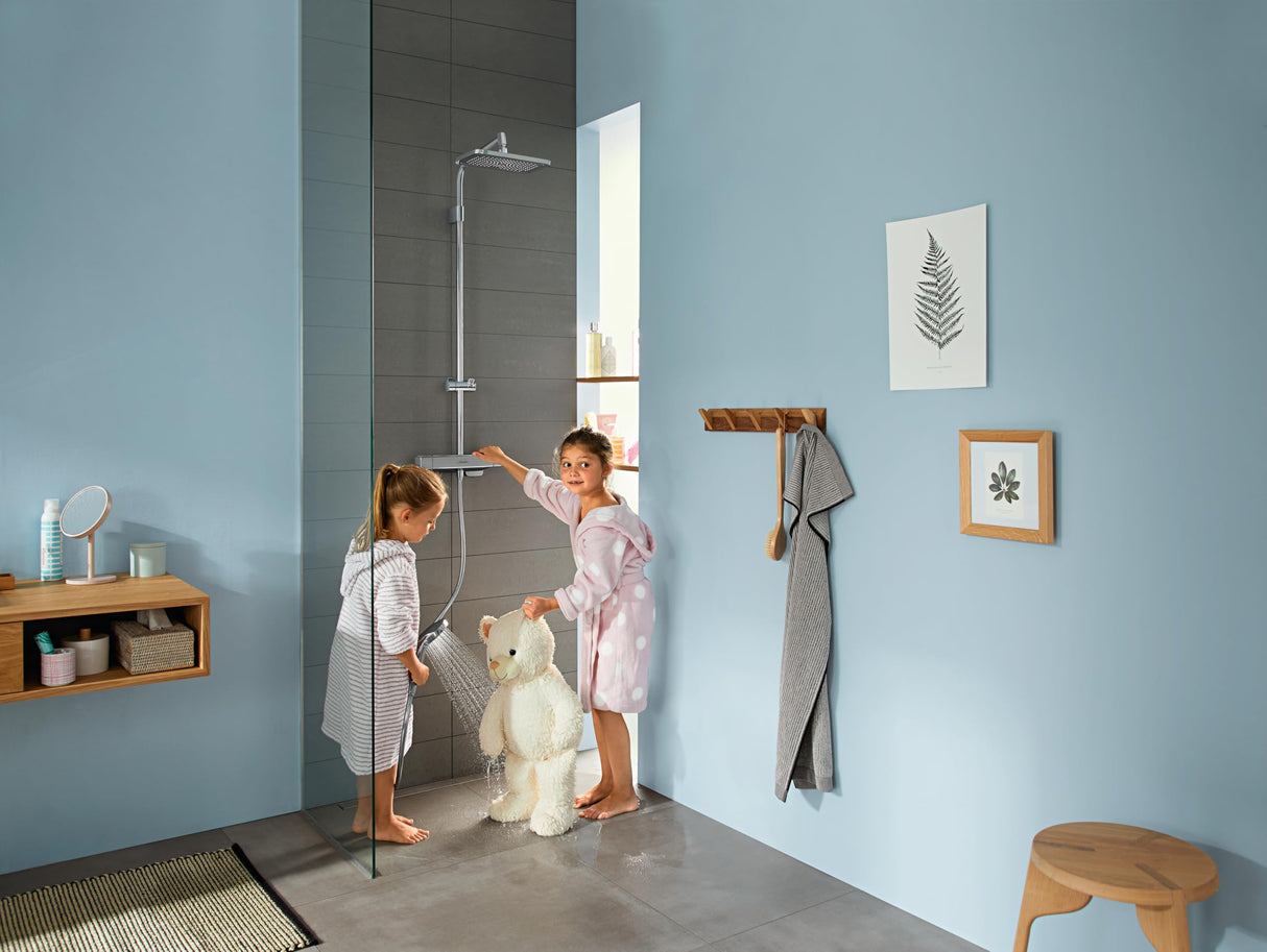 hansgrohe Croma E - sistema de ducha con termostato, ducha lluvia (280 x 170 mm) con grifo, ducha de mano (3 tipos de chorro), flexo, barra, ducha fija rectangular (1 tipo de chorro), cromo