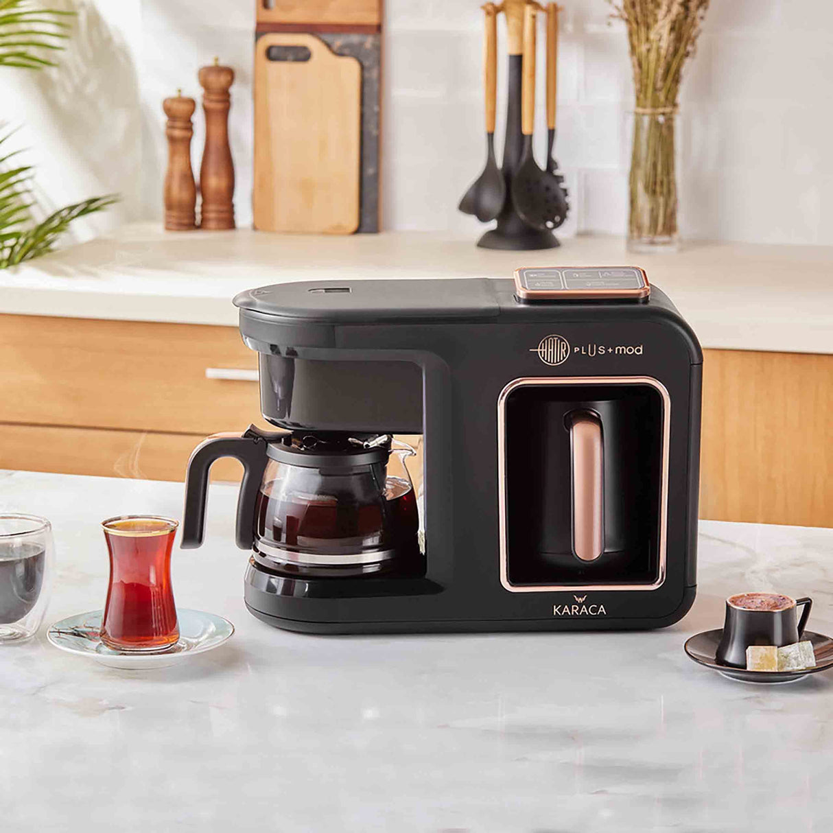 KARACA Hatır Plus Mod 5 en 1, 750 ml, té/café filtro y cafetera turca Black Copper, para café, té, leche y café turco, 1385 W, 5 + 5 tazas