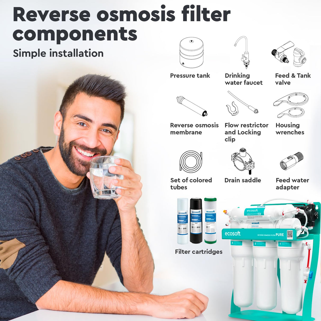Ecosoft P'URE AquaCalcium - Filtro con Bomba Montado Sobre Estructura Metálica, Ósmosis Inversa Para el Hogar, Elimina el 99.8 % de los Contaminantes del Agua, Mineraliza el Agua Potable con Calcio
