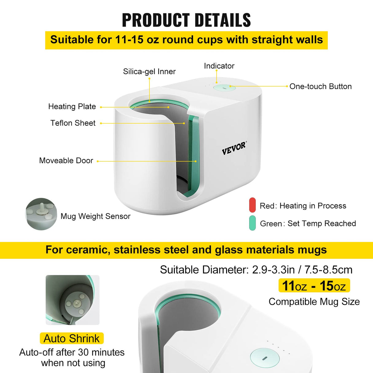 VEVOR Prensa Térmica para Tazas 280W Máquina de Prensado de Tazas 11-15oz Blanco Prensa de Calor para Tazas de Sublimación para Dibujar Proyectos, Imprimirlos y Pegarlos en la Superficie de la Taza