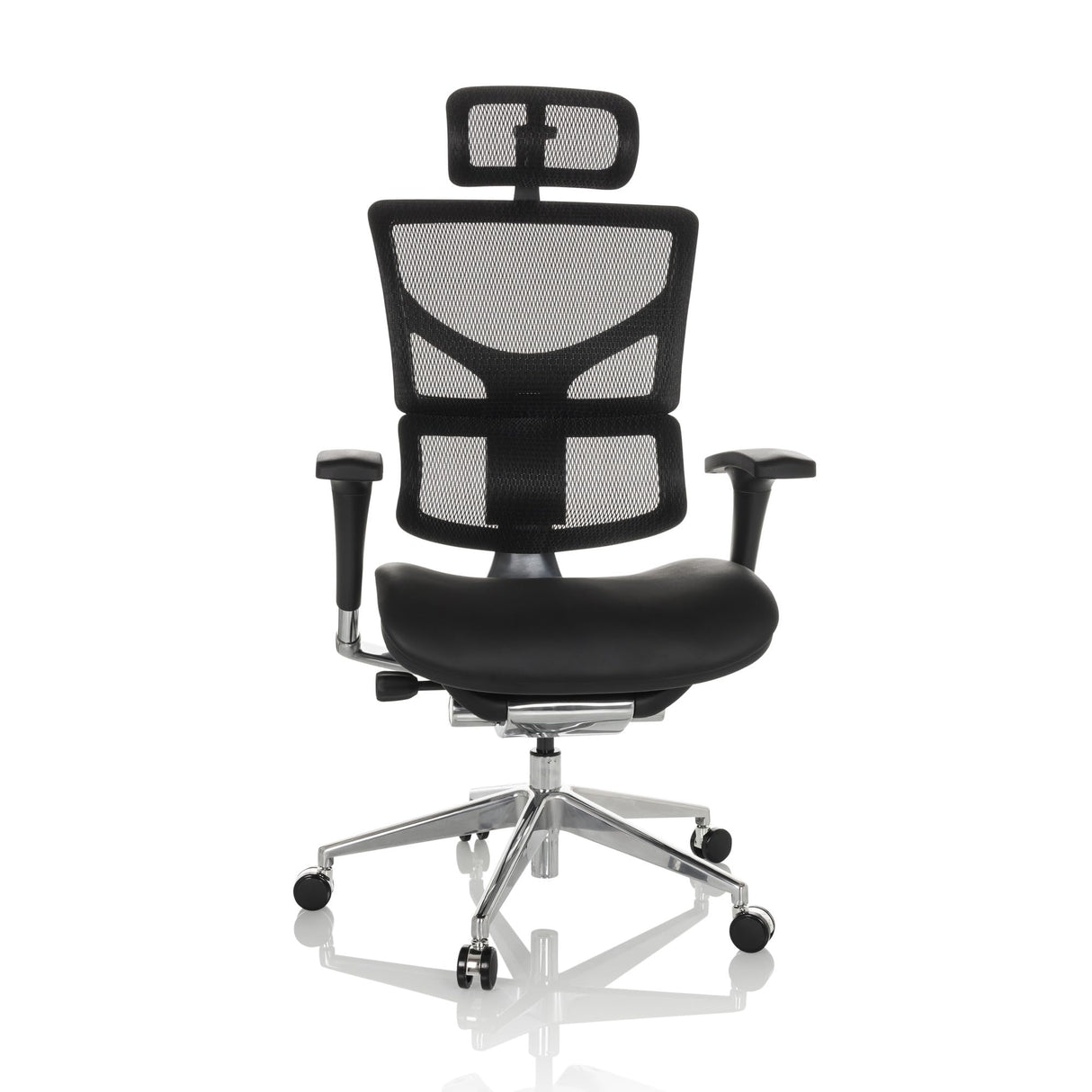 hjh OFFICE Silla de Oficina Profesional Ergo-U2 LM Silla giratoria ergonómica de Cuero, Apoyo Lumbar Flexible, Respaldo Regulable en Altura, Respaldo de Rejilla Negro 651102