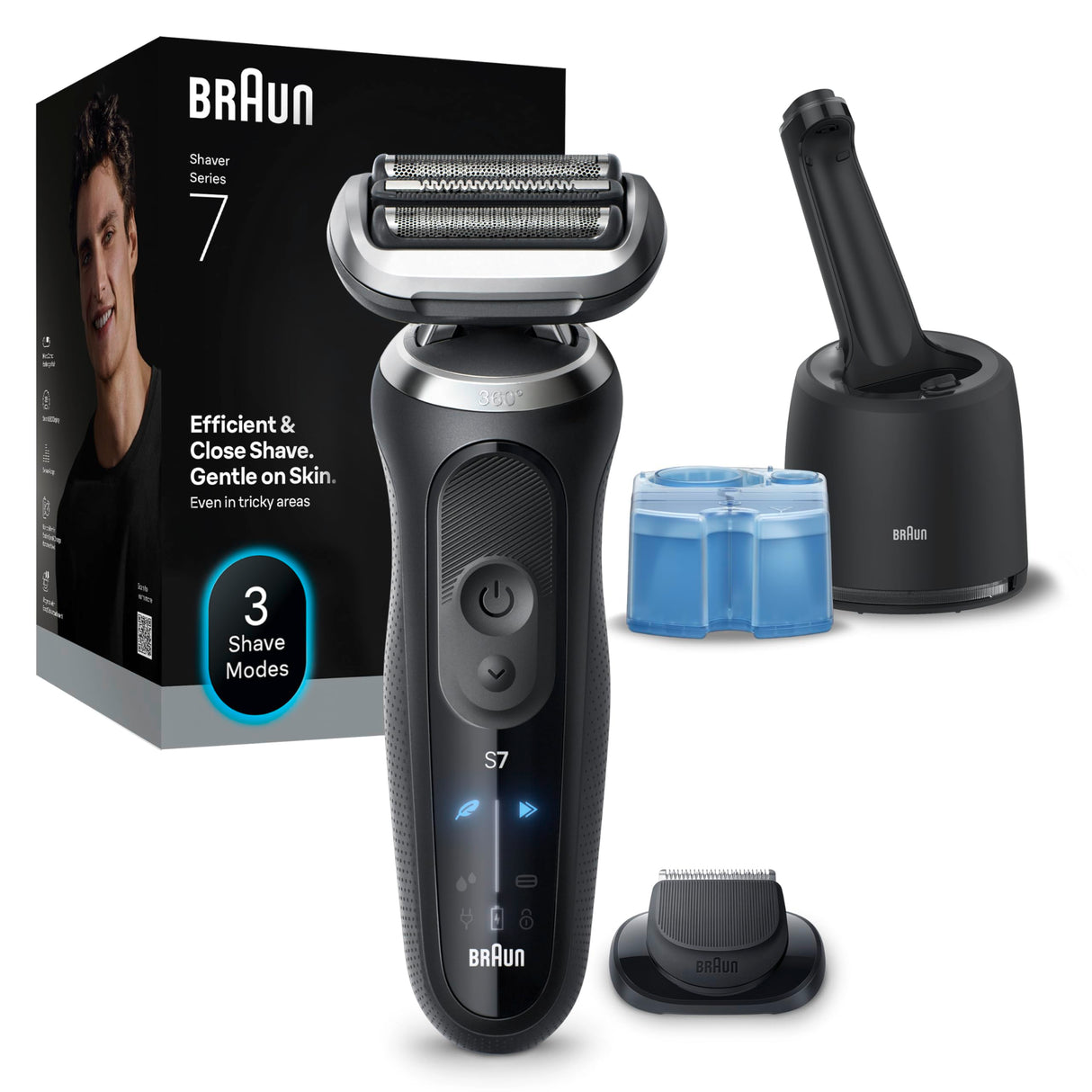 Braun Afeitadora Eléctrica Hombre Series 7, Máquina De Afeitar Barba En Seco Y En Mojado, 3 Modos De Afeitado, 60 Min De Uso, Centro De Limpieza, Estuche De Viaje, 72-N7200CCE, Oro