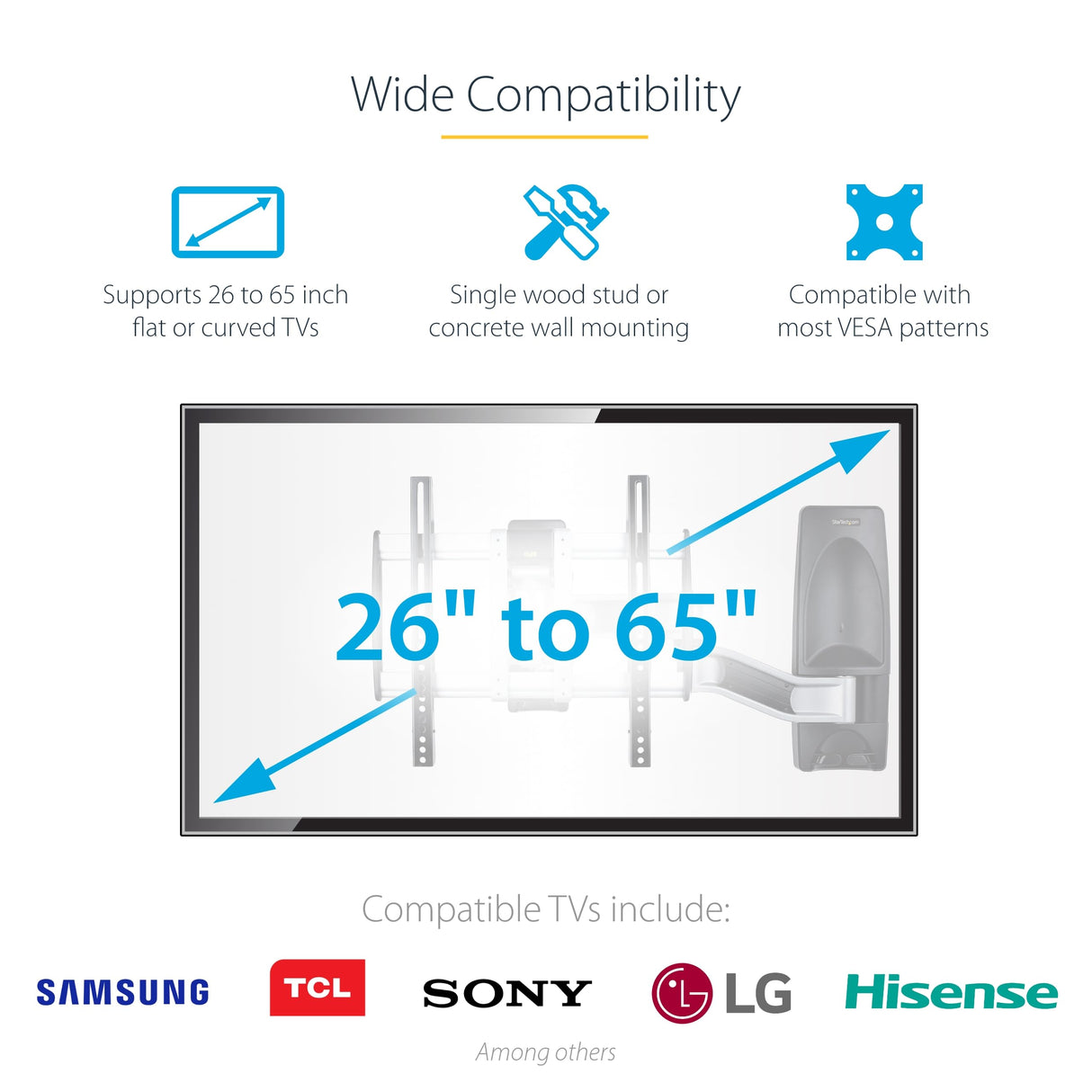 StarTech.com Soporte de Montaje Articulado de Pared para Televisores - Soporte VESA de Pared - Soporta TV Plano o Curvos de 65" o 45kg - Perfil Bajo Retraible - de Esquina (TV-WALL-MOUNT-65FS)