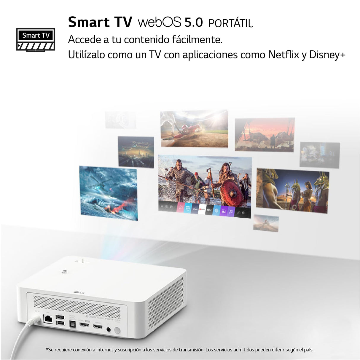 LG CineBeam PF610P - Proyector Full HD con SmartTV, hasta 120'', WebOS 5.0, Lámpara LED RGBB, 1.000 lúmenes, Resolución 1920x1080, HDR10, 150.000:1, Conectividad Inalámbrica, Color Blanco