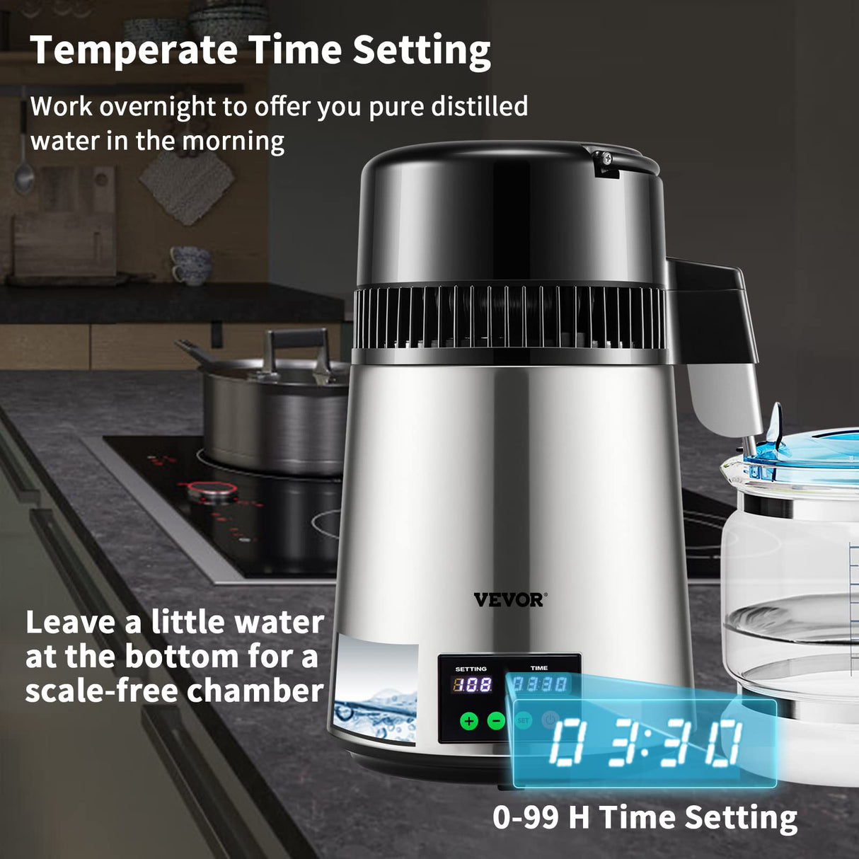 VEVOR Destilador de Agua 4 L Filtro de Destilación de Agua con Recipiente de Vidrio 750W 1 L/H Ajuste de Velocidad, Destilación Filtro Purificador 7,9 lbs de Acero Inoxidable con Pantalla Doble, Plata