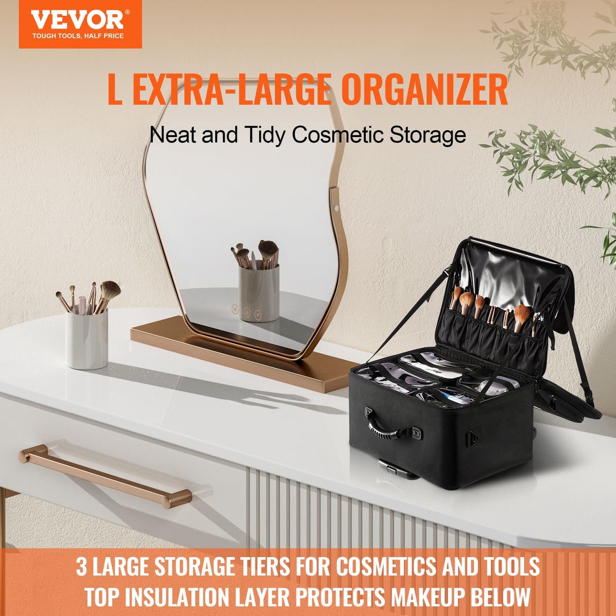 VEVOR Estuche de Maquillaje con Ruedas 3 Niveles, Maleta de Almacenamiento de Transporte con Asas Correa, Caja Bolsa de Maquillaje Oxford Impermeable Negro