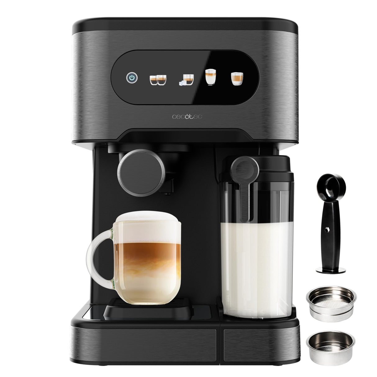 Cecotec Cafetera Express Semiautomáticas Power Espresso 20 ColdBrew Latte. 1350W, 20 Bares, Frío, Templado o Caliente, Pantalla Táctil, 1.5L Depósito Agua y 500ml Leche, Calientatazas, Doble Brazo