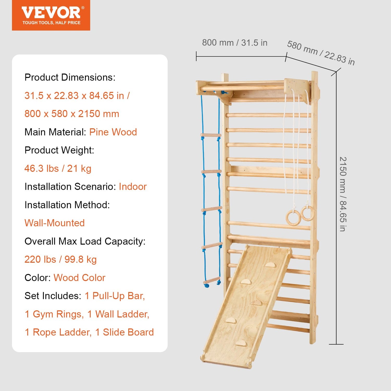 VEVOR 5 en 1 Juguetes de Escalada de Madera, Carga de 99,8 kg, Escalera Sueca de Pared con Barra de Dominadas, Anillos de Gimnasio, Escalera de Cuerda, Escalera de Pared, Tablero Deslizante