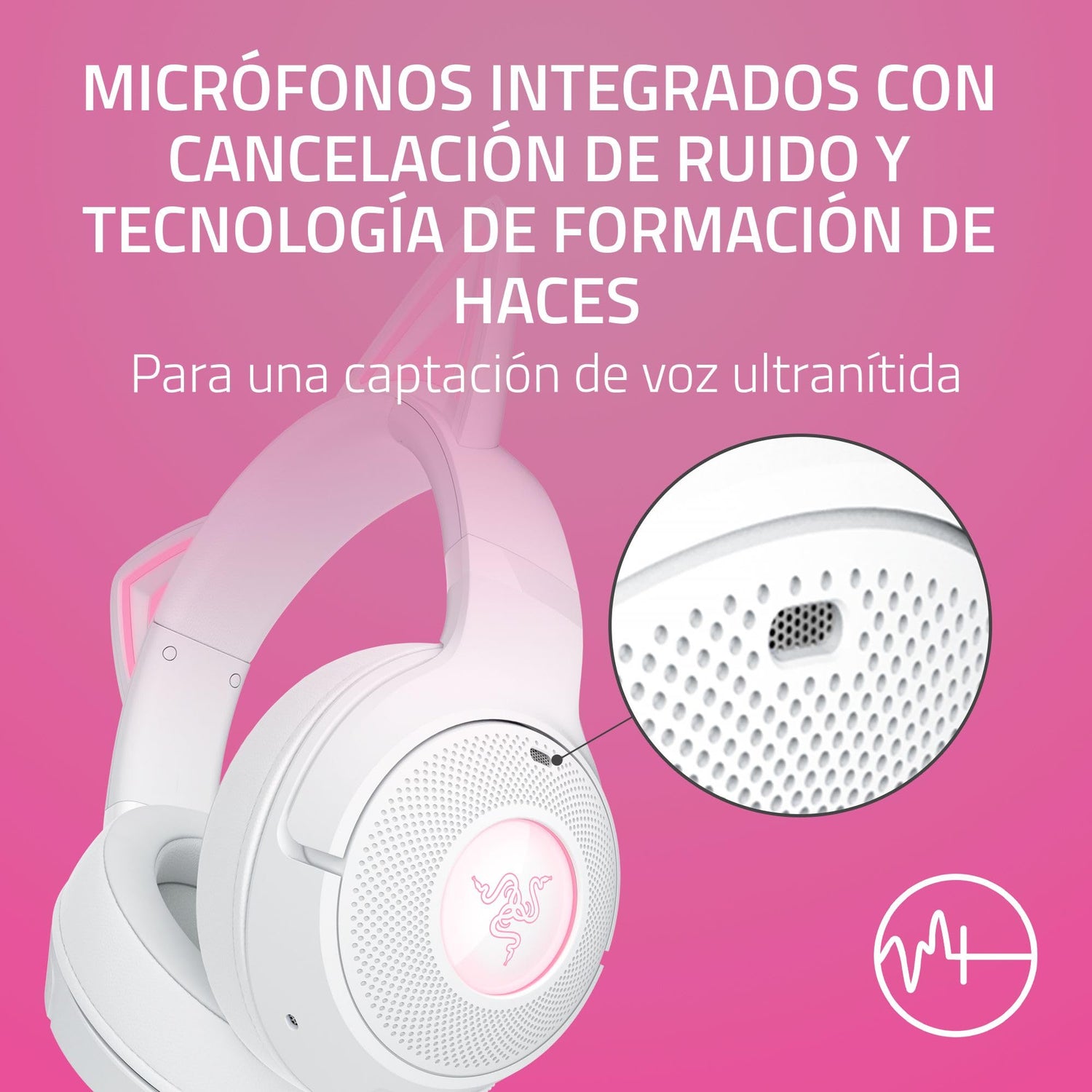 Razer Kraken Kitty V2 BT - Auriculares inalámbricos Bluetooth RGB con Orejas de Gatito para Juegos y Streaming (325g, Triforce de 40mm, Bluetooth 5.2, micrófonos con cancelación de Ruido) Blanco