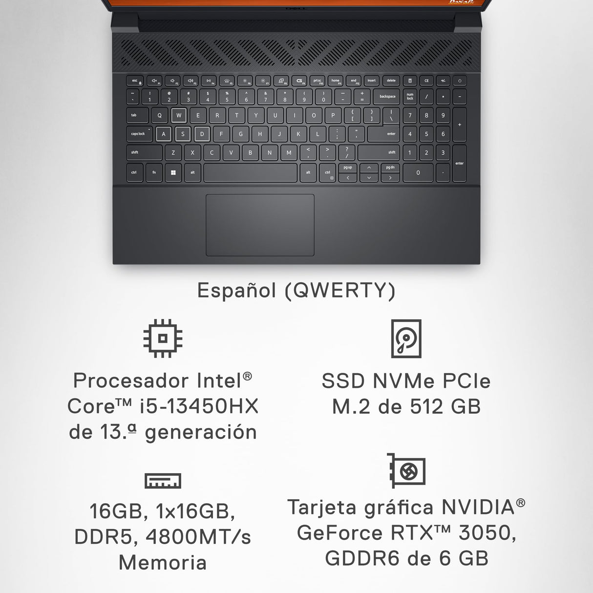 DELL G15 5530 Ordenador portátil Gaming 15.6" FHD 120Hz Display, Intel Core i5-13450HX, NVIDIA RTX 3050 6GB, 16GB RAM, 512GB SSD, Ubuntu Teclado retroiluminado QWERTY Español, Gris
